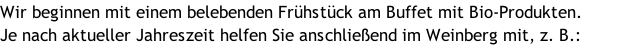 Wir beginnen mit einem belebenden Frühstück am Buffet mit Bio-Produkten.  Je nach aktueller Jahreszeit helfen Sie anschließend im Weinberg mit, z. B.: